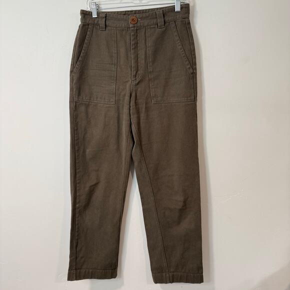 BEATON Women's Linen Utility Pants Olive Green 8 Cotton Tapered Trouser - Picture 1 of 9